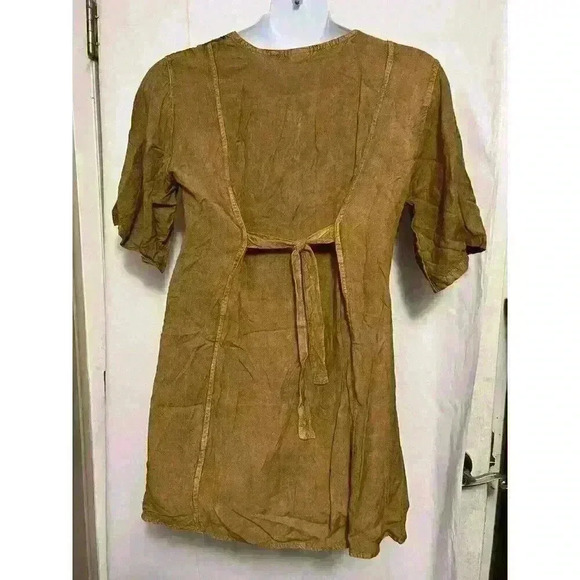 Womens India Pakistan Golden Long Shirt Embroidered 1/2 Sleeve Tie Back Mid 0067 - Picture 5 of 8